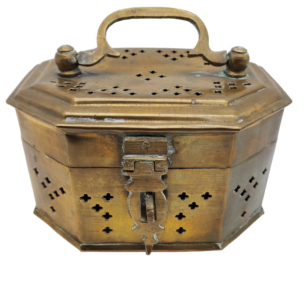 Brass Box Pierced Metal Cricket Cage Hexagon Trinket India Ethnic Boho Storage
